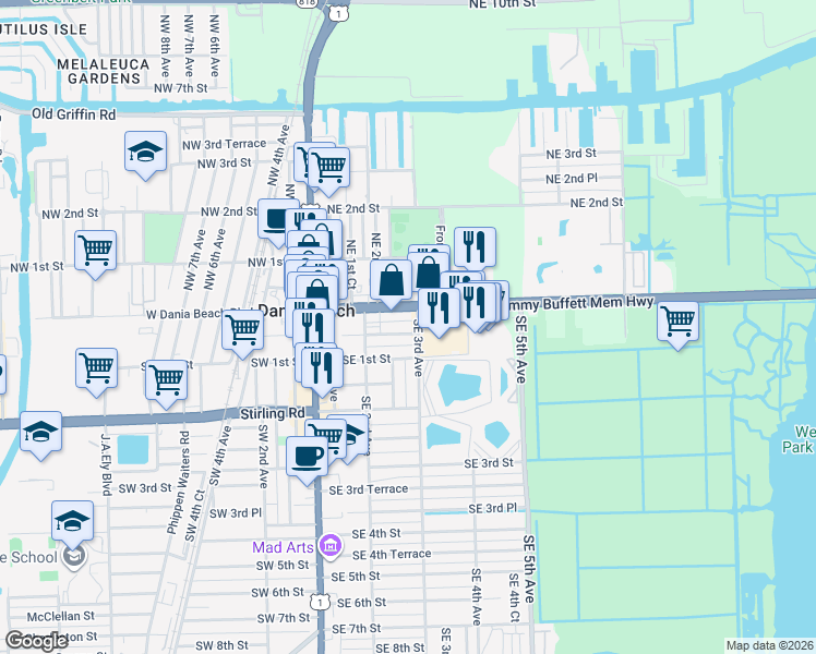 map of restaurants, bars, coffee shops, grocery stores, and more near 230 East Dania Beach Boulevard in Dania Beach