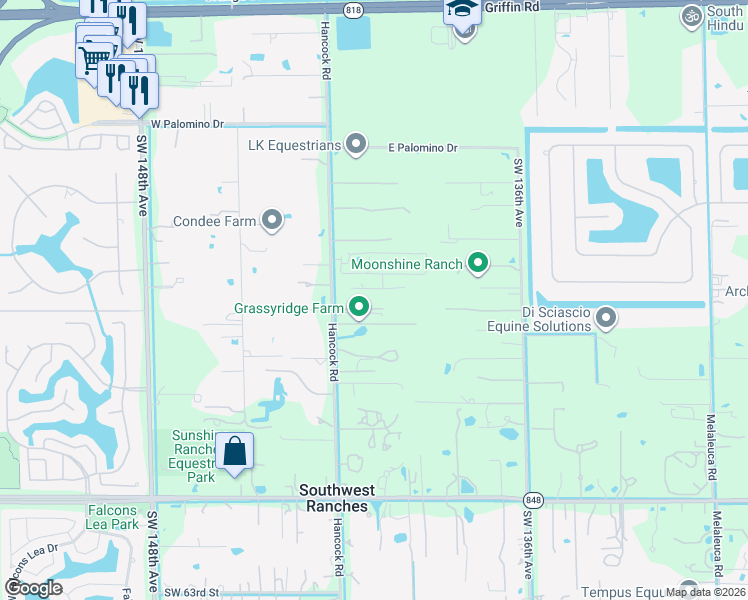 map of restaurants, bars, coffee shops, grocery stores, and more near 5400 Hancock Road in Southwest Ranches