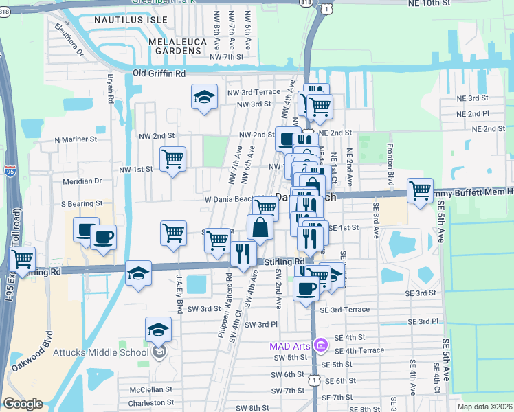 map of restaurants, bars, coffee shops, grocery stores, and more near 425 West Dania Beach Boulevard in Dania Beach