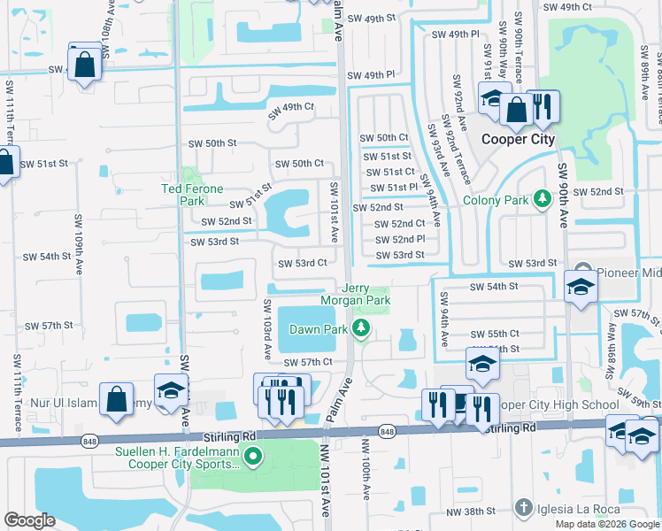 map of restaurants, bars, coffee shops, grocery stores, and more near 10157 Southwest 53rd Court in Cooper City