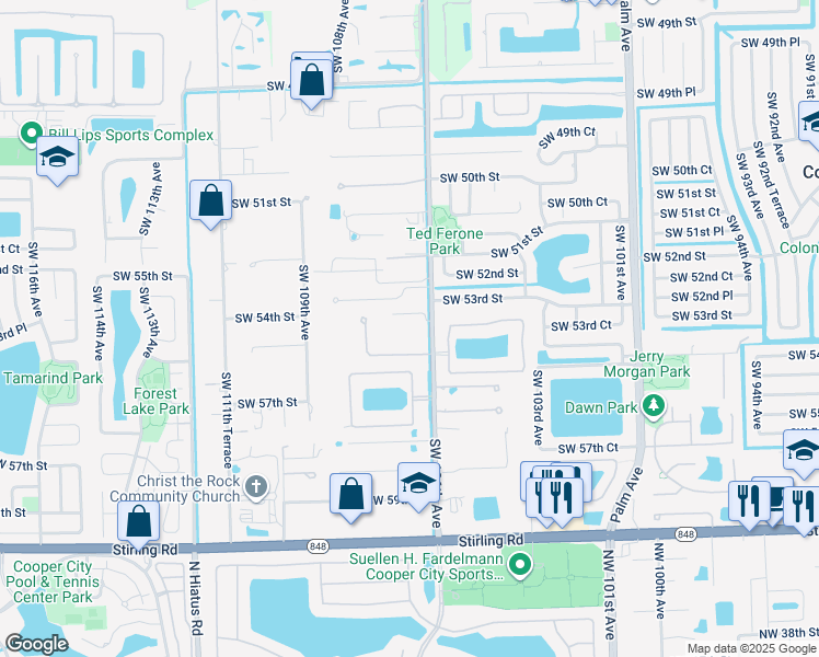 map of restaurants, bars, coffee shops, grocery stores, and more near 5451 Southwest 106th Avenue in Cooper City