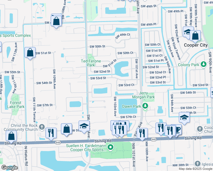 map of restaurants, bars, coffee shops, grocery stores, and more near 10404 Southwest 54th Street in Cooper City