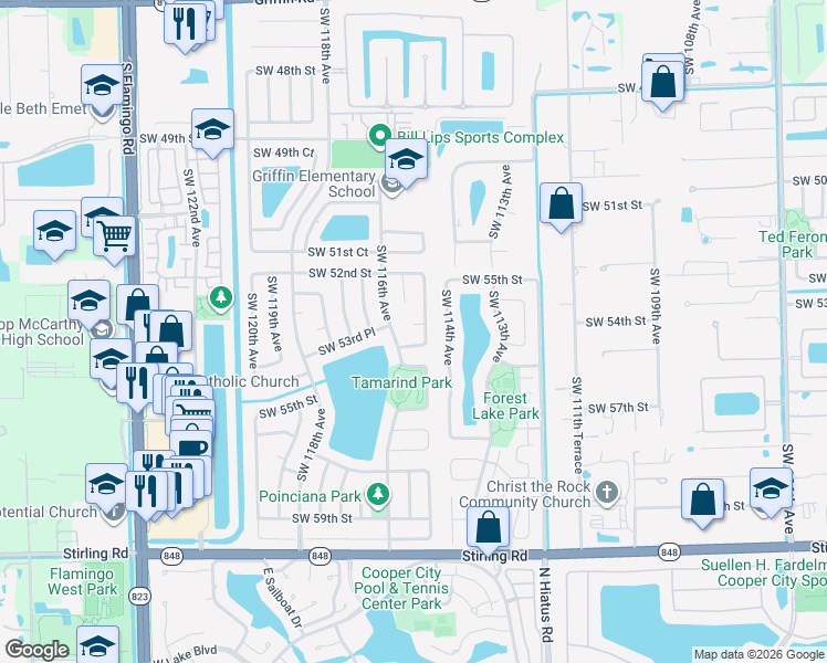 map of restaurants, bars, coffee shops, grocery stores, and more near 11514 Southwest 53rd Place in Cooper City