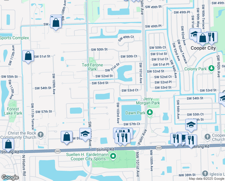 map of restaurants, bars, coffee shops, grocery stores, and more near 10404 Southwest 54th Street in Cooper City