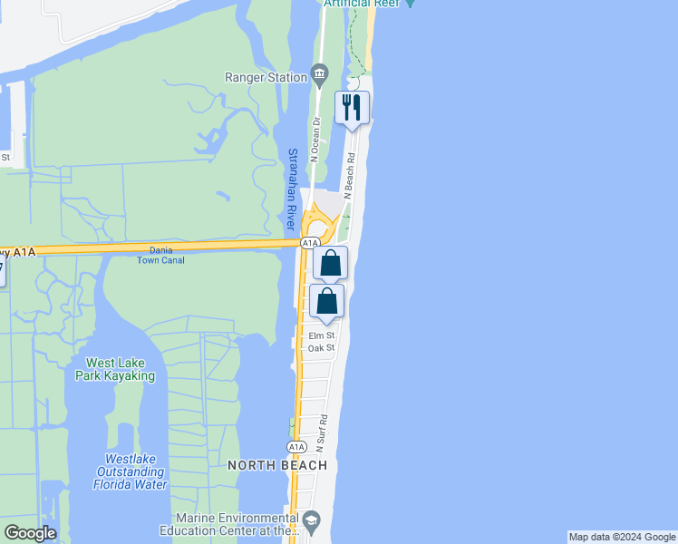 map of restaurants, bars, coffee shops, grocery stores, and more near 6001 North Ocean Drive in Hollywood