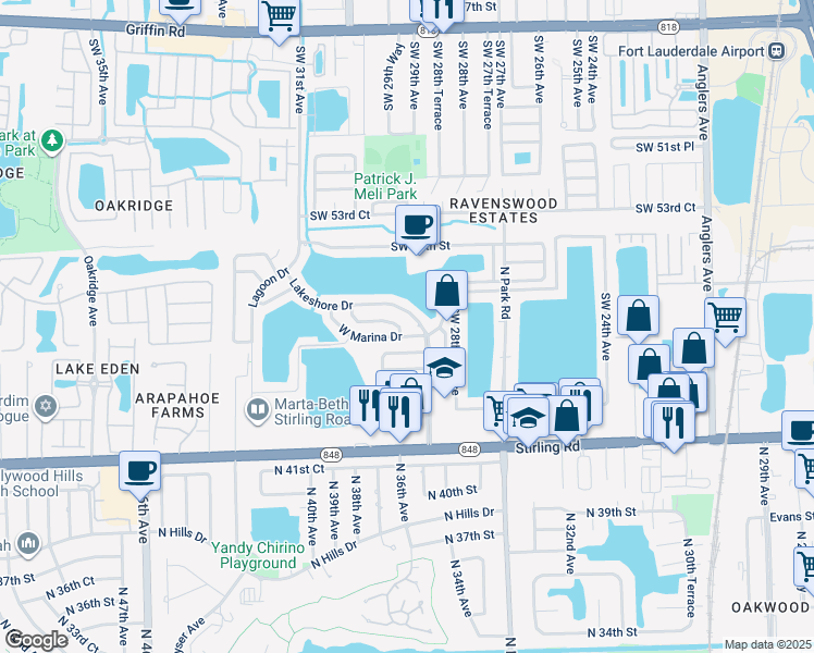 map of restaurants, bars, coffee shops, grocery stores, and more near 5585 Lakeshore Drive in Fort Lauderdale