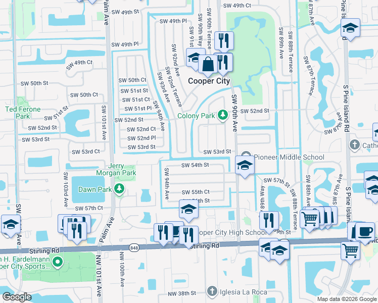 map of restaurants, bars, coffee shops, grocery stores, and more near 5281 Southwest 92nd Terrace in Cooper City