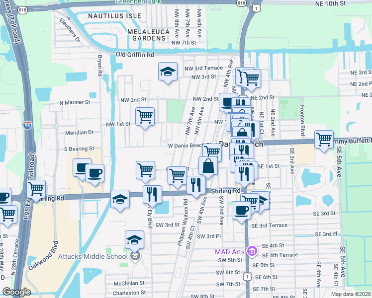 map of restaurants, bars, coffee shops, grocery stores, and more near 9 Southwest 6th Avenue in Dania Beach
