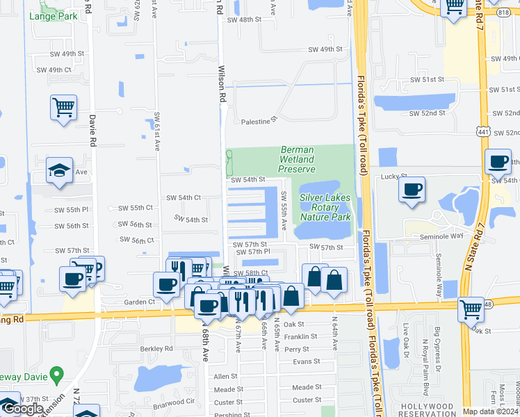 map of restaurants, bars, coffee shops, grocery stores, and more near 5611 Southwest 55th Street in Davie