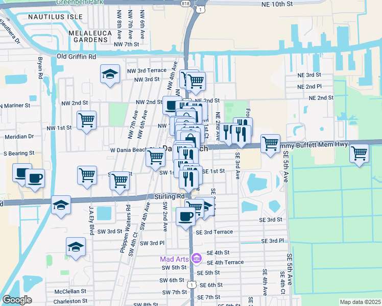 map of restaurants, bars, coffee shops, grocery stores, and more near 1 South Federal Highway in Dania Beach