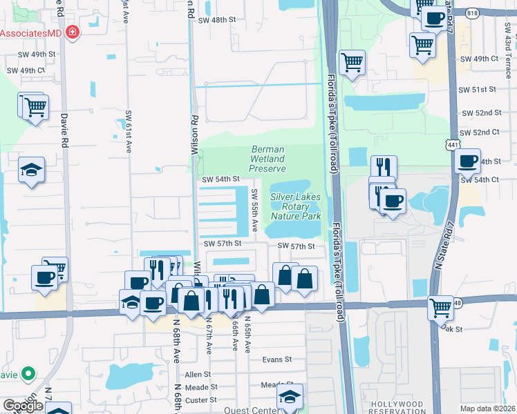 map of restaurants, bars, coffee shops, grocery stores, and more near 5480 Southwest 55th Avenue in Davie