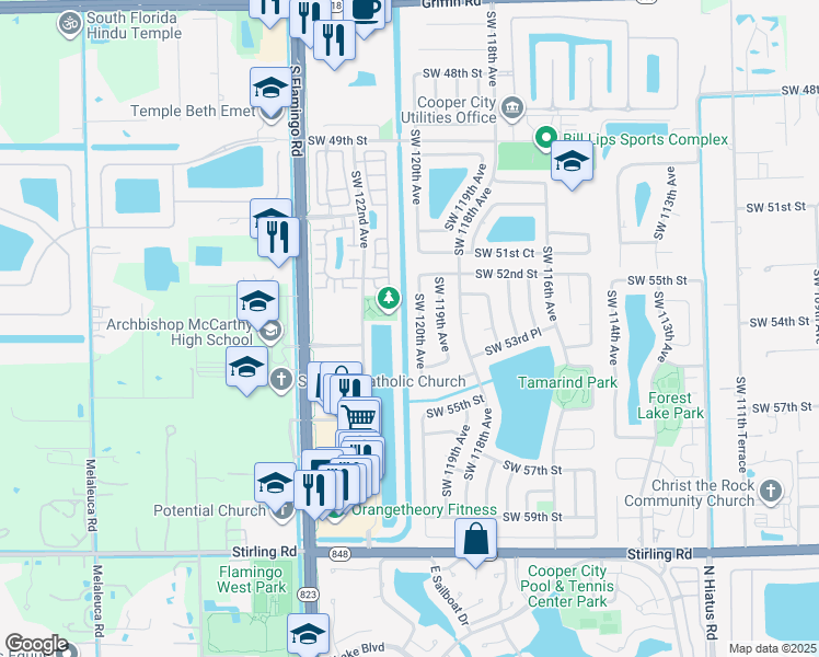 map of restaurants, bars, coffee shops, grocery stores, and more near 5326 Southwest 120th Avenue in Cooper City