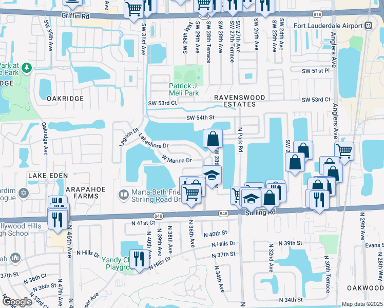 map of restaurants, bars, coffee shops, grocery stores, and more near 2922 Harbor Lane in Fort Lauderdale