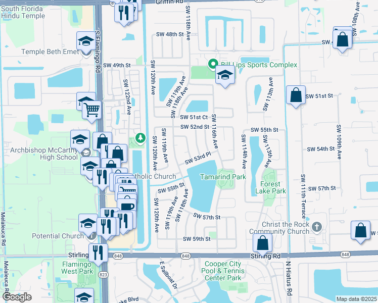 map of restaurants, bars, coffee shops, grocery stores, and more near 5330 Southwest 117th Terrace in Cooper City