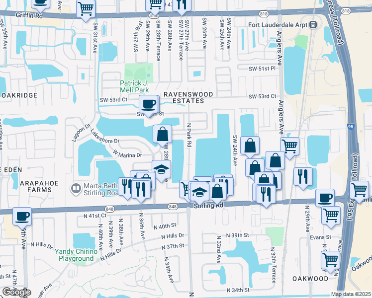 map of restaurants, bars, coffee shops, grocery stores, and more near 5605 North Park Road in Fort Lauderdale