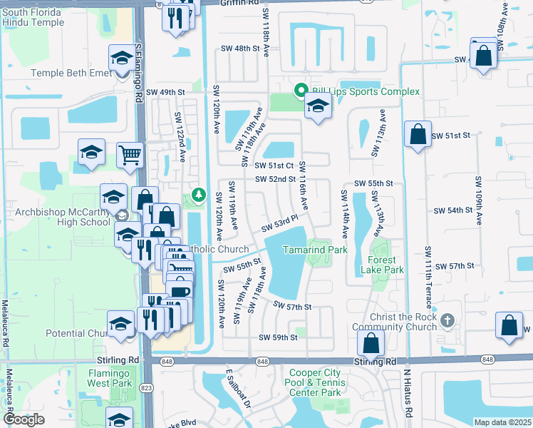 map of restaurants, bars, coffee shops, grocery stores, and more near 5330 Southwest 117th Terrace in Cooper City