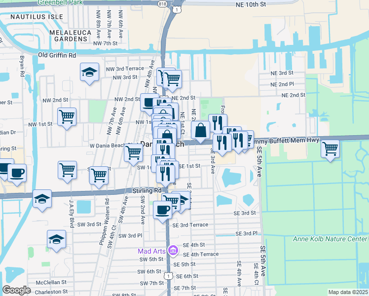 map of restaurants, bars, coffee shops, grocery stores, and more near 180 East Dania Beach Boulevard in Dania Beach