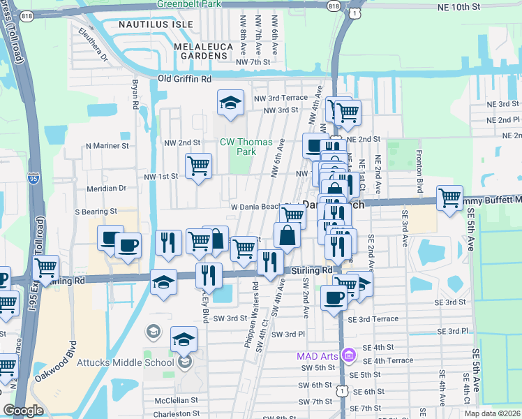 map of restaurants, bars, coffee shops, grocery stores, and more near 9 Southwest 6th Avenue in Dania Beach