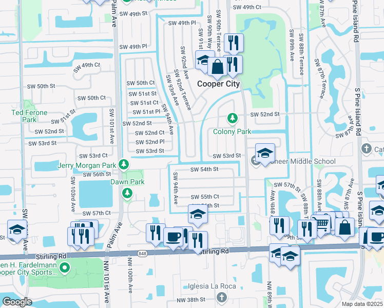 map of restaurants, bars, coffee shops, grocery stores, and more near 5281 Southwest 92nd Terrace in Cooper City