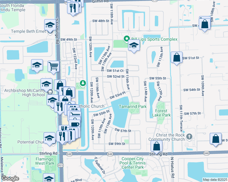 map of restaurants, bars, coffee shops, grocery stores, and more near 5330 Southwest 117th Terrace in Cooper City