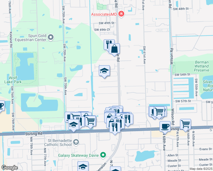 map of restaurants, bars, coffee shops, grocery stores, and more near 6455 Southwest 55th Place in Davie