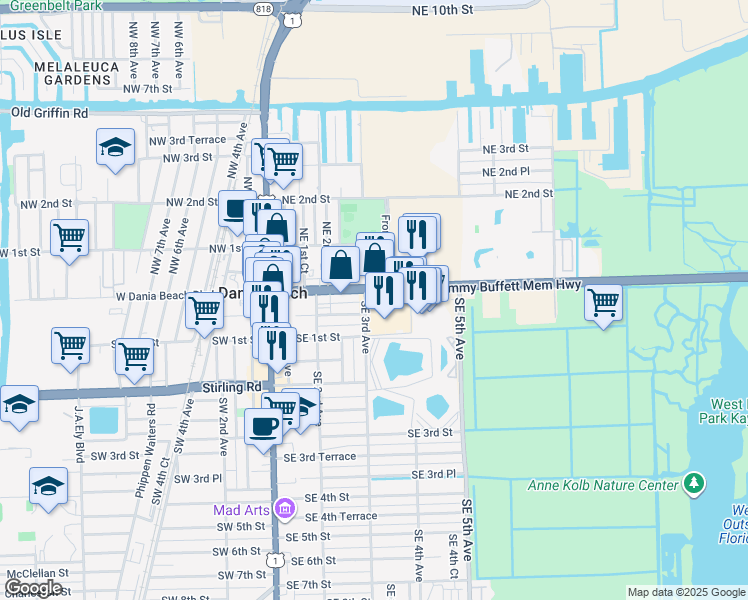 map of restaurants, bars, coffee shops, grocery stores, and more near 300 East Dania Beach Boulevard in Dania Beach