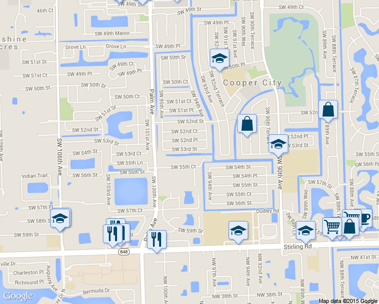 map of restaurants, bars, coffee shops, grocery stores, and more near 9428 Southwest 53rd Street in Cooper City