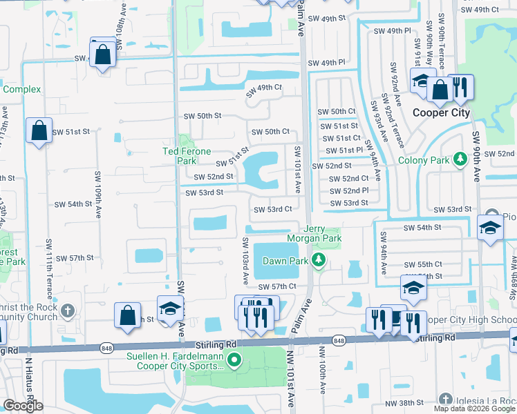 map of restaurants, bars, coffee shops, grocery stores, and more near 10227 Southwest 53rd Court in Cooper City