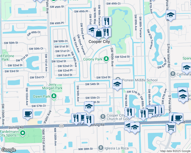 map of restaurants, bars, coffee shops, grocery stores, and more near 5222 Southwest 91st Terrace in Cooper City