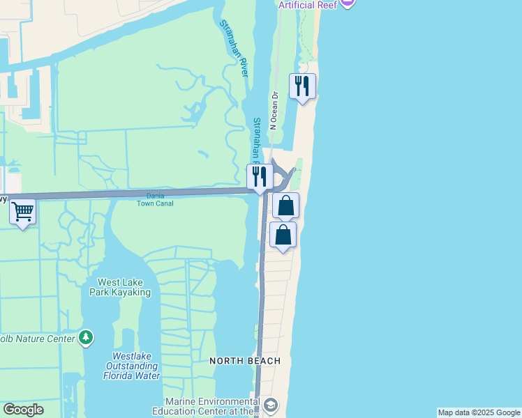 map of restaurants, bars, coffee shops, grocery stores, and more near 6100 North Ocean Drive in Hollywood