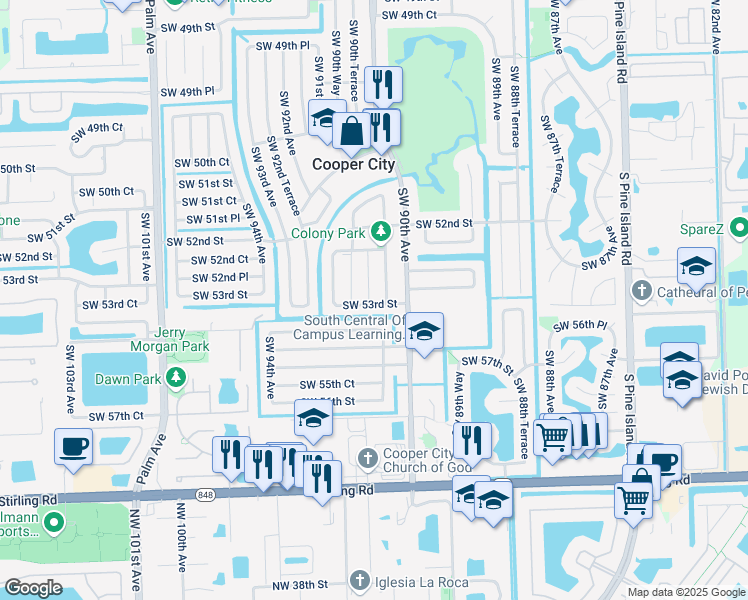 map of restaurants, bars, coffee shops, grocery stores, and more near 5290 Southwest 90th Way in Cooper City