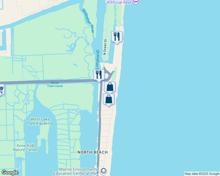 map of restaurants, bars, coffee shops, grocery stores, and more near 6001 North Ocean Drive in Hollywood