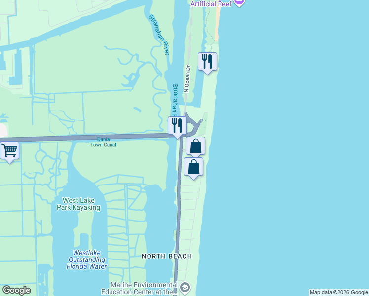 map of restaurants, bars, coffee shops, grocery stores, and more near 6001 North Ocean Drive in Hollywood