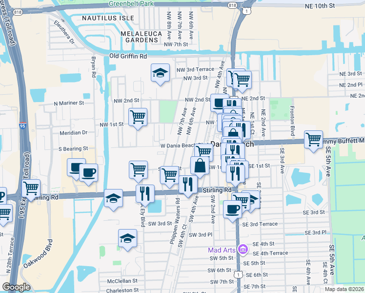 map of restaurants, bars, coffee shops, grocery stores, and more near 9 Southwest 6th Avenue in Dania Beach