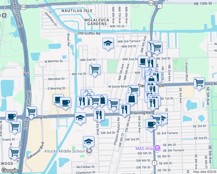 map of restaurants, bars, coffee shops, grocery stores, and more near 1 Southwest 8th Avenue in Dania Beach
