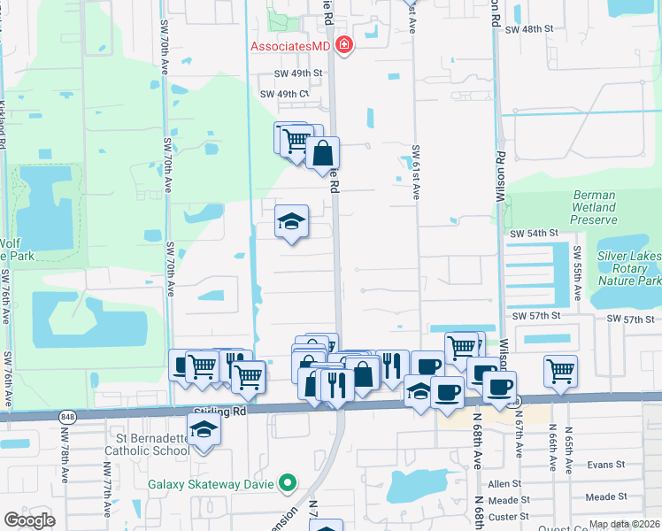 map of restaurants, bars, coffee shops, grocery stores, and more near 6405 Southwest 55th Place in Davie