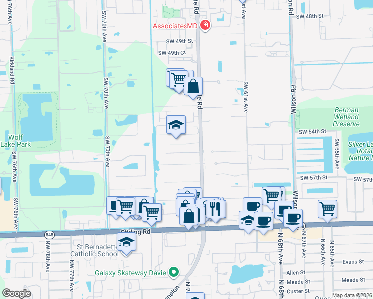 map of restaurants, bars, coffee shops, grocery stores, and more near 6455 Southwest 55th Place in Davie