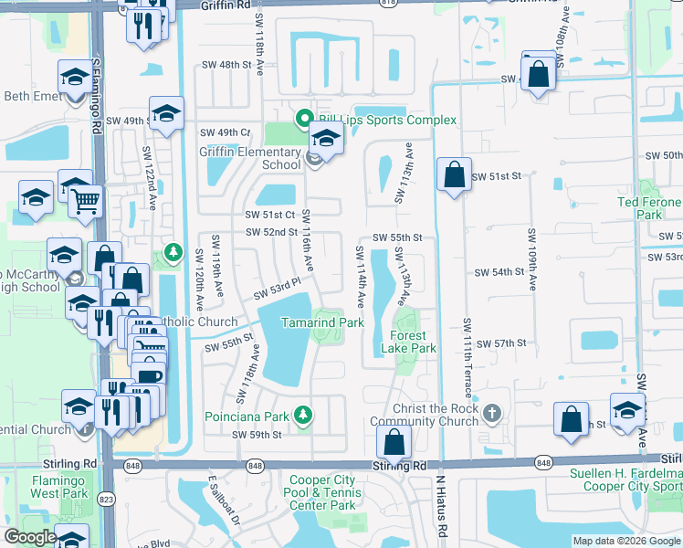 map of restaurants, bars, coffee shops, grocery stores, and more near 11514 Southwest 53rd Place in Cooper City