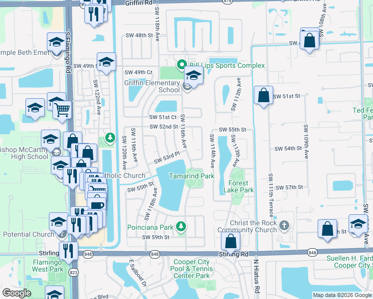 map of restaurants, bars, coffee shops, grocery stores, and more near 5316 Southwest 116th Terrace in Cooper City