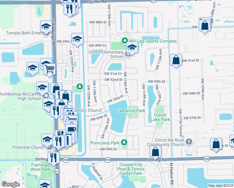 map of restaurants, bars, coffee shops, grocery stores, and more near 5330 Southwest 117th Terrace in Cooper City