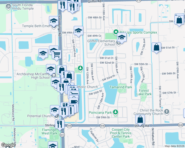 map of restaurants, bars, coffee shops, grocery stores, and more near 5326 Southwest 120th Avenue in Cooper City