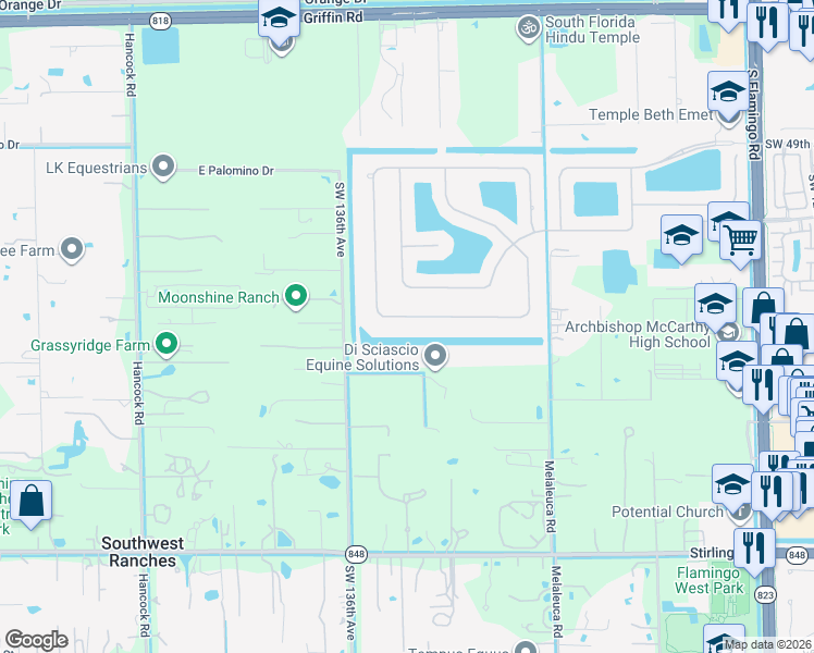 map of restaurants, bars, coffee shops, grocery stores, and more near 13386 Majestic Way in Cooper City
