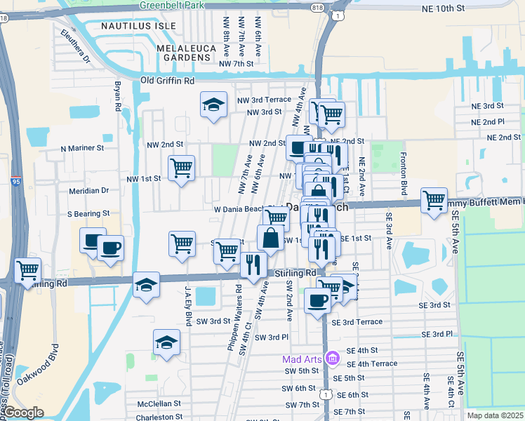 map of restaurants, bars, coffee shops, grocery stores, and more near 9 Southwest 6th Avenue in Dania Beach