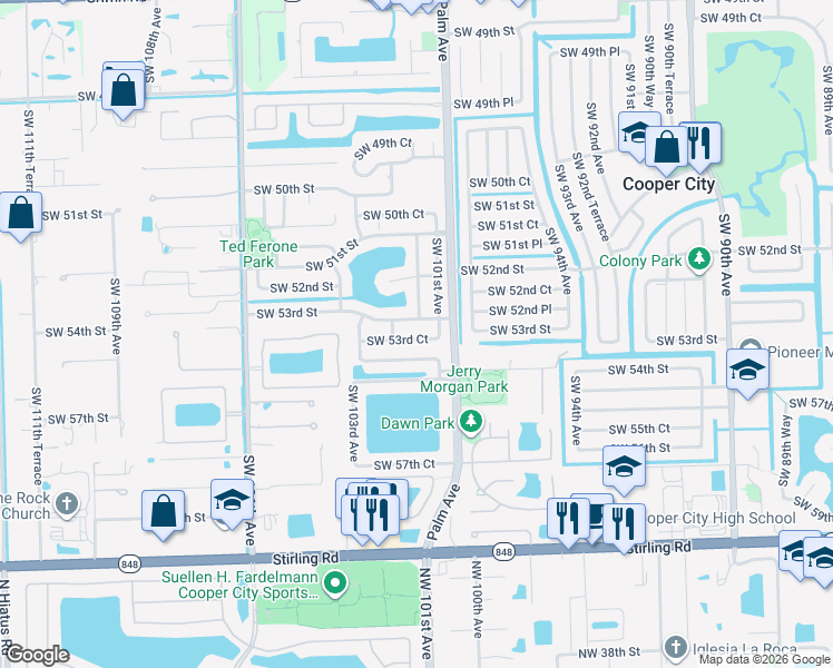map of restaurants, bars, coffee shops, grocery stores, and more near 10157 Southwest 53rd Court in Cooper City