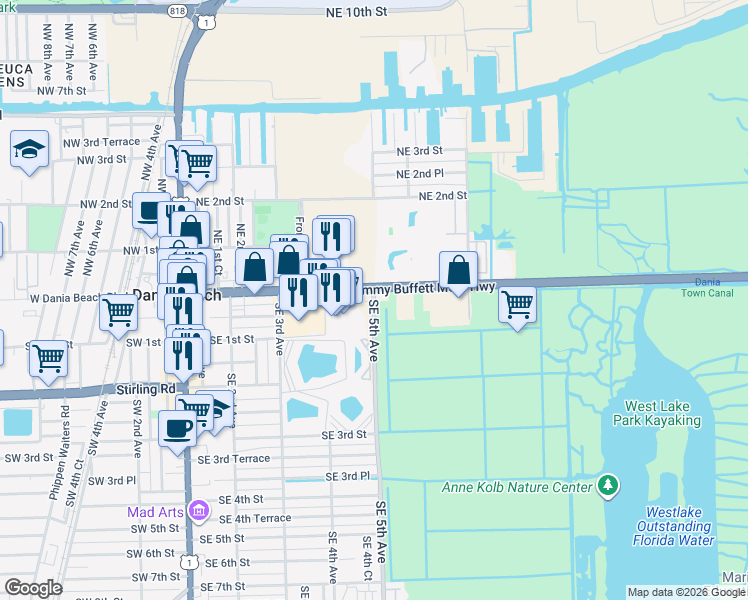 map of restaurants, bars, coffee shops, grocery stores, and more near 22 Southeast 5th Avenue in Dania Beach