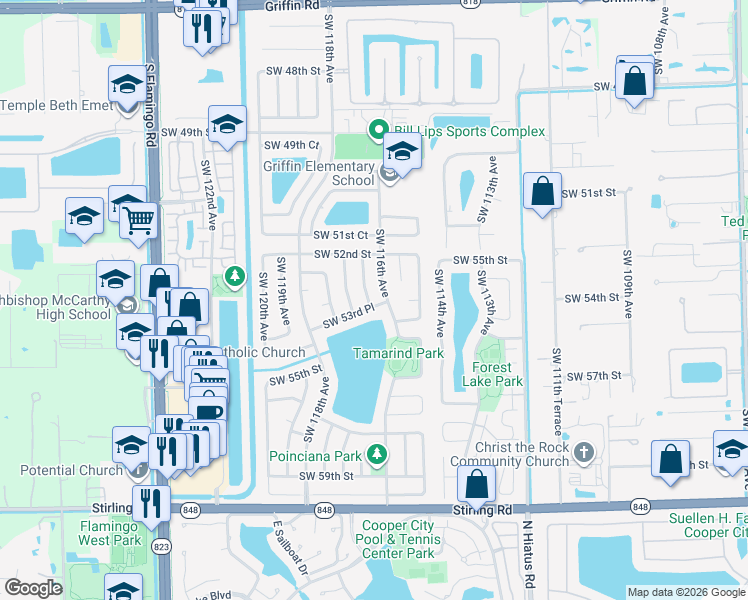 map of restaurants, bars, coffee shops, grocery stores, and more near 5316 Southwest 116th Terrace in Cooper City
