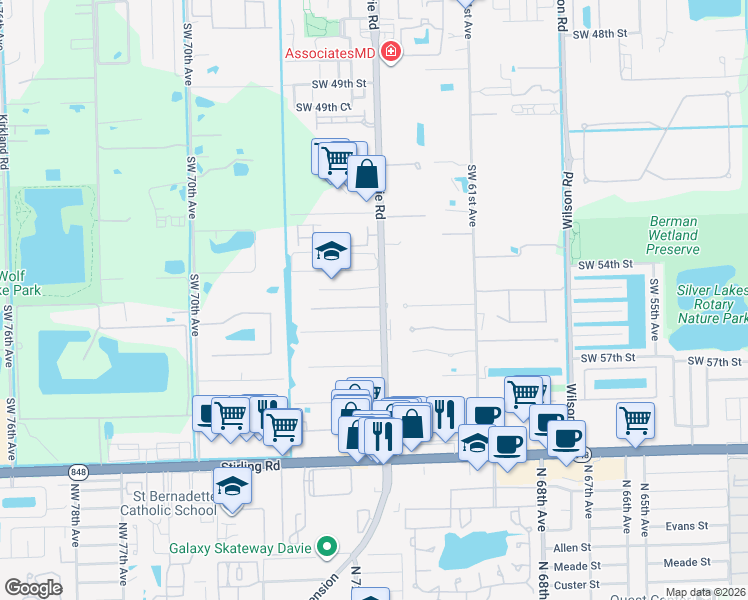 map of restaurants, bars, coffee shops, grocery stores, and more near 6405 Southwest 55th Place in Davie