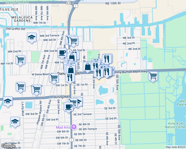 map of restaurants, bars, coffee shops, grocery stores, and more near 300 East Dania Beach Boulevard in Dania Beach