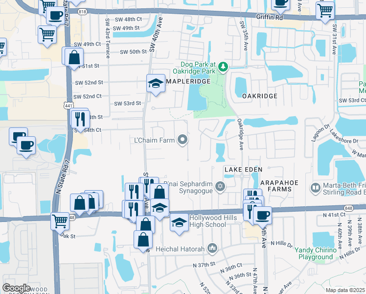 map of restaurants, bars, coffee shops, grocery stores, and more near 5511 Woodland Lane in Fort Lauderdale