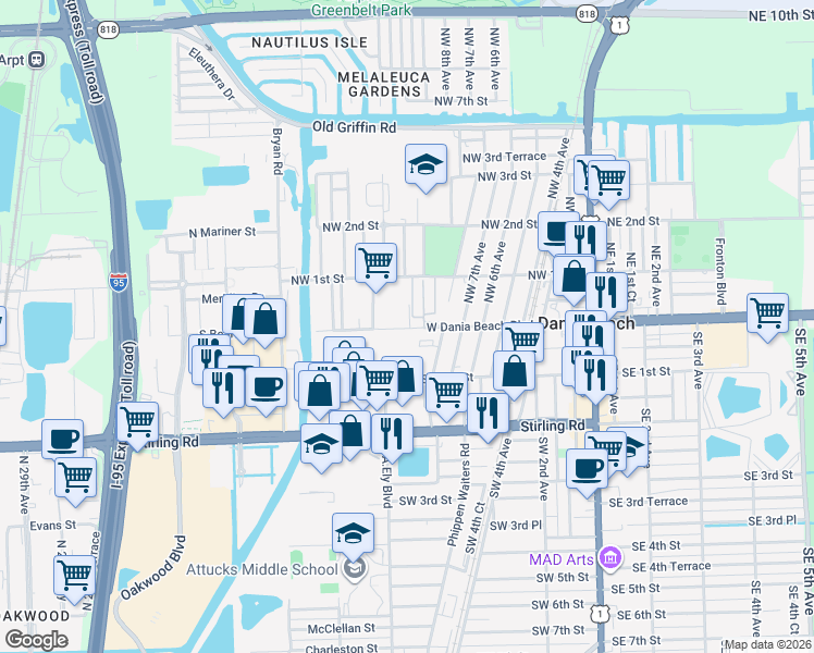 map of restaurants, bars, coffee shops, grocery stores, and more near 1115 West Dania Beach Boulevard in Dania Beach